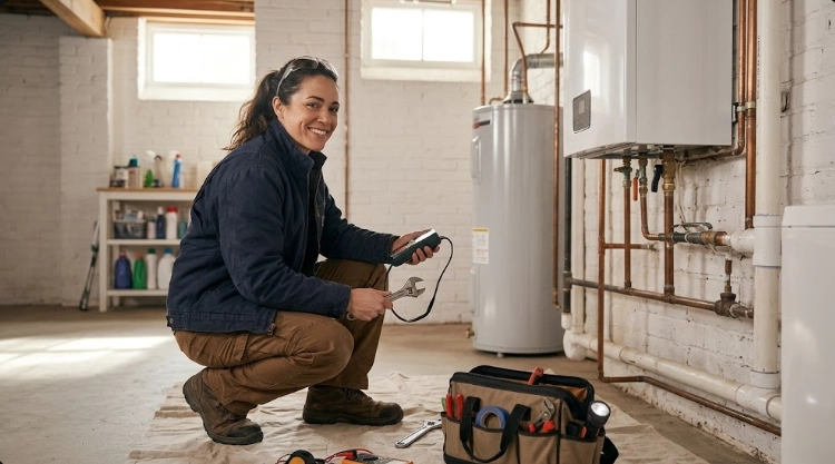 Certified technician using digital pressure manometer and electronic gas sniffer to inspect gas line joints and shutoff valves in a Brooklyn basement