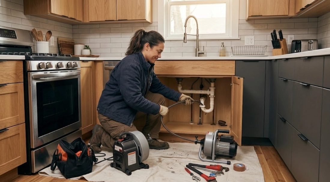 Professional plumber using motorized drain snake cable machine under a kitchen sink to clear grease clogs in a residential Brooklyn home