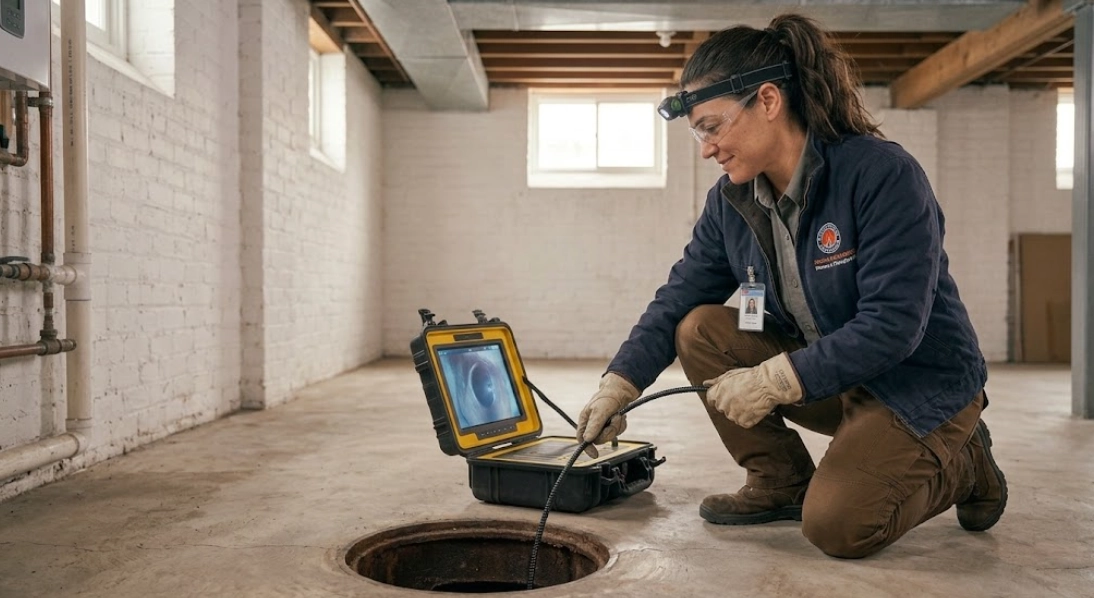Plumbing technician viewing live sewer camera monitor while feeding fiber-optic inspection reel into a building cleanout in a Brooklyn residence