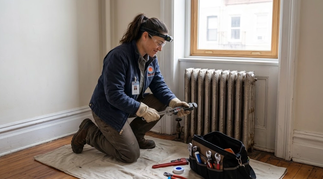 Professional technician inspecting and repacking a brass steam radiator shutoff valve and testing air vent operation in a Brooklyn residence
