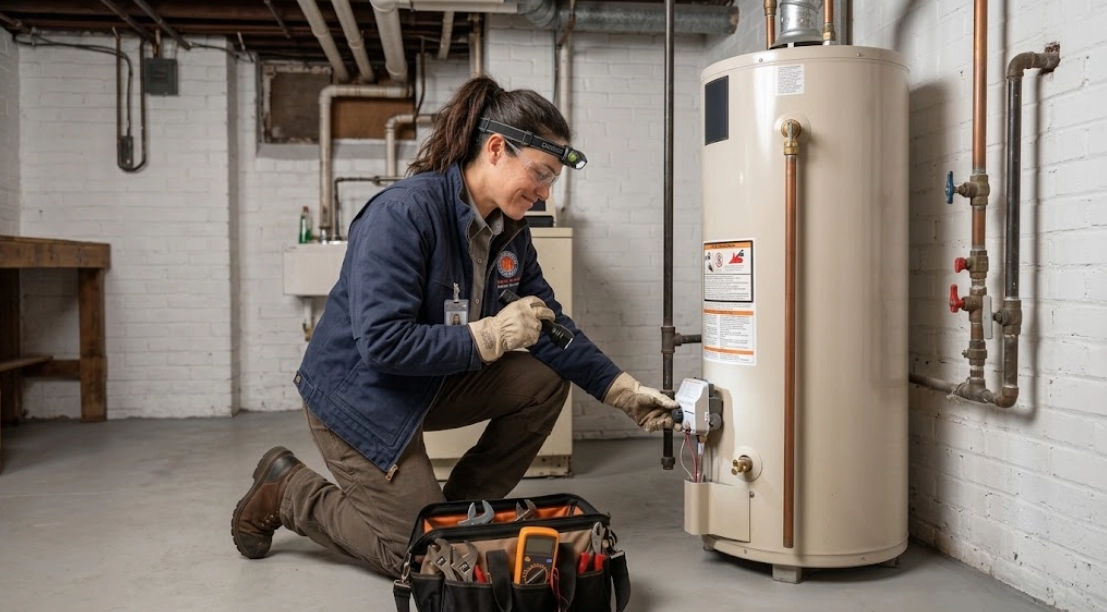 Licensed plumber testing temperature and pressure relief valve and gas burner control on a residential water heater in a Brooklyn basement